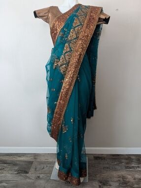 Teal and Bronze Gold Embellished Saree With Underskirt No Blouse